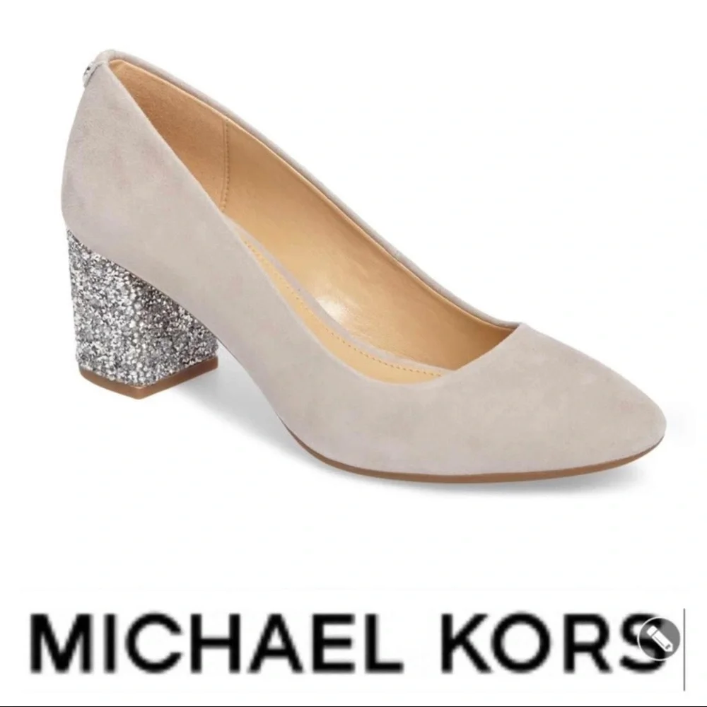 💕SALE💕 Michael Kors Cher Suede Mid Flex Glitter Chunky Heels - Picture 1 of 8